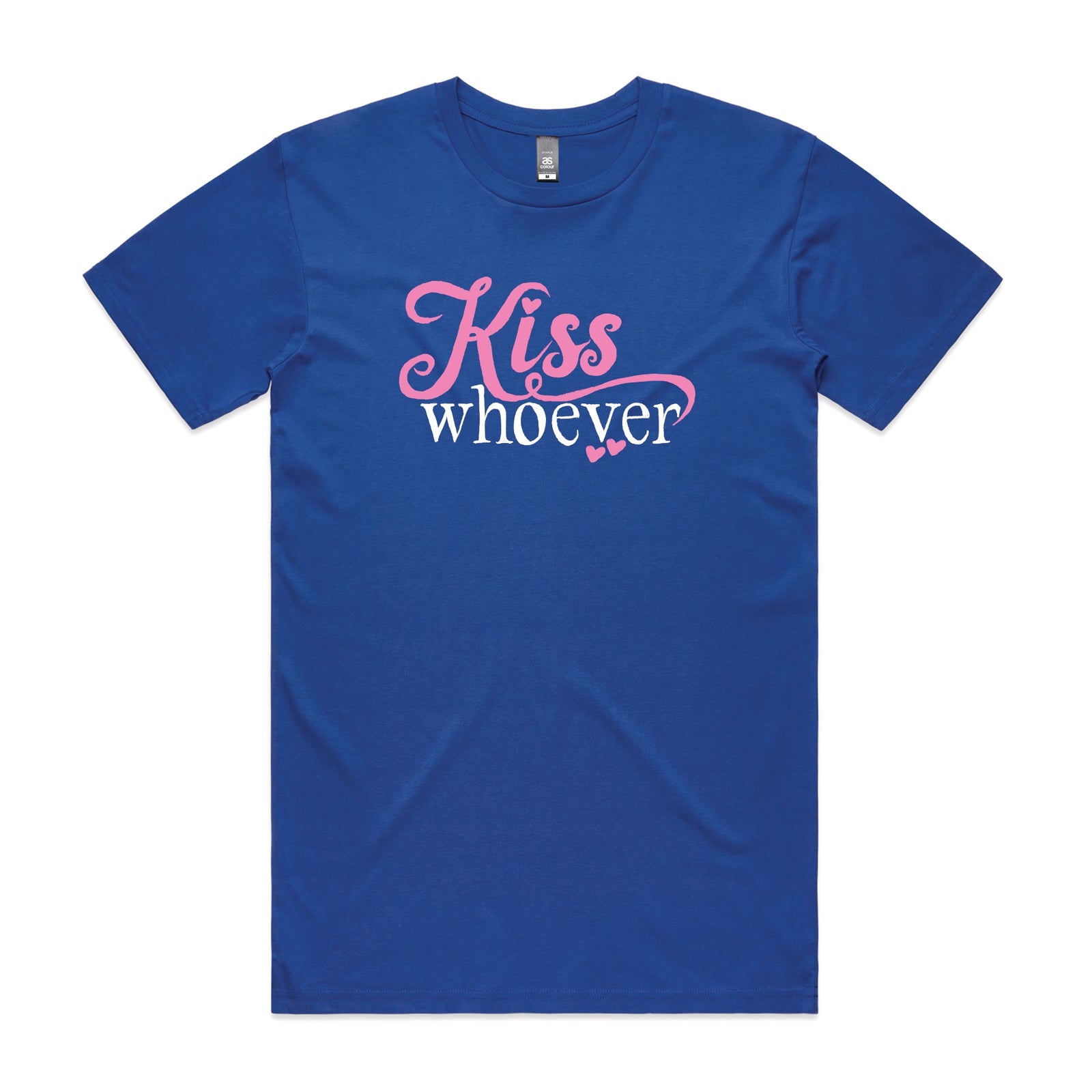 Royal Blue unisex t-shirt with Kiss Whoever graphic by Lonely Kids Club