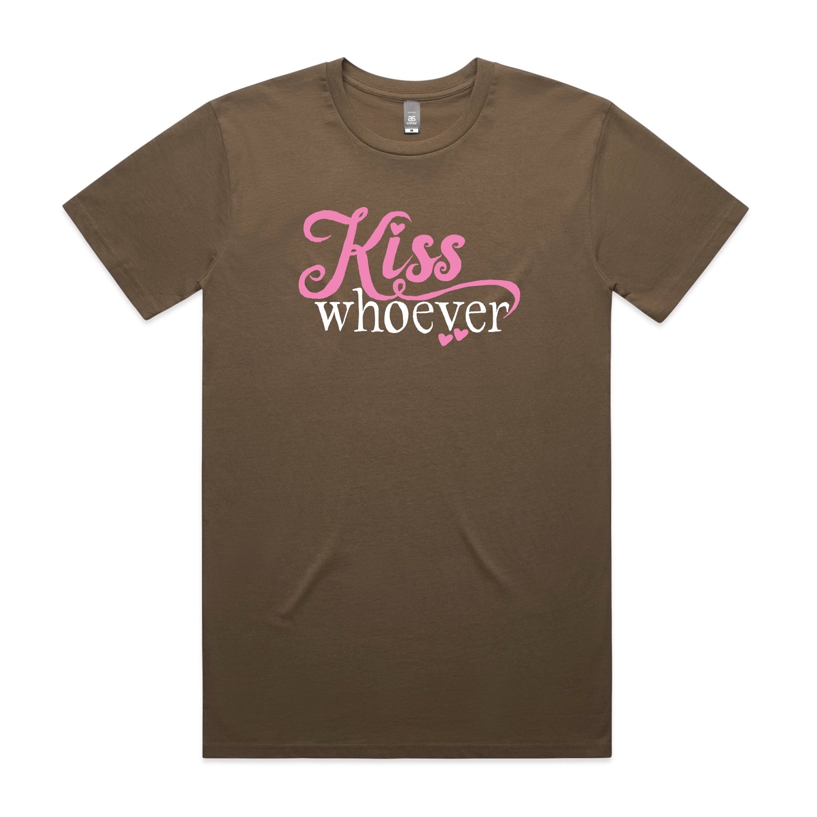 Walnut unisex t-shirt with Kiss Whoever graphic by Lonely Kids Club