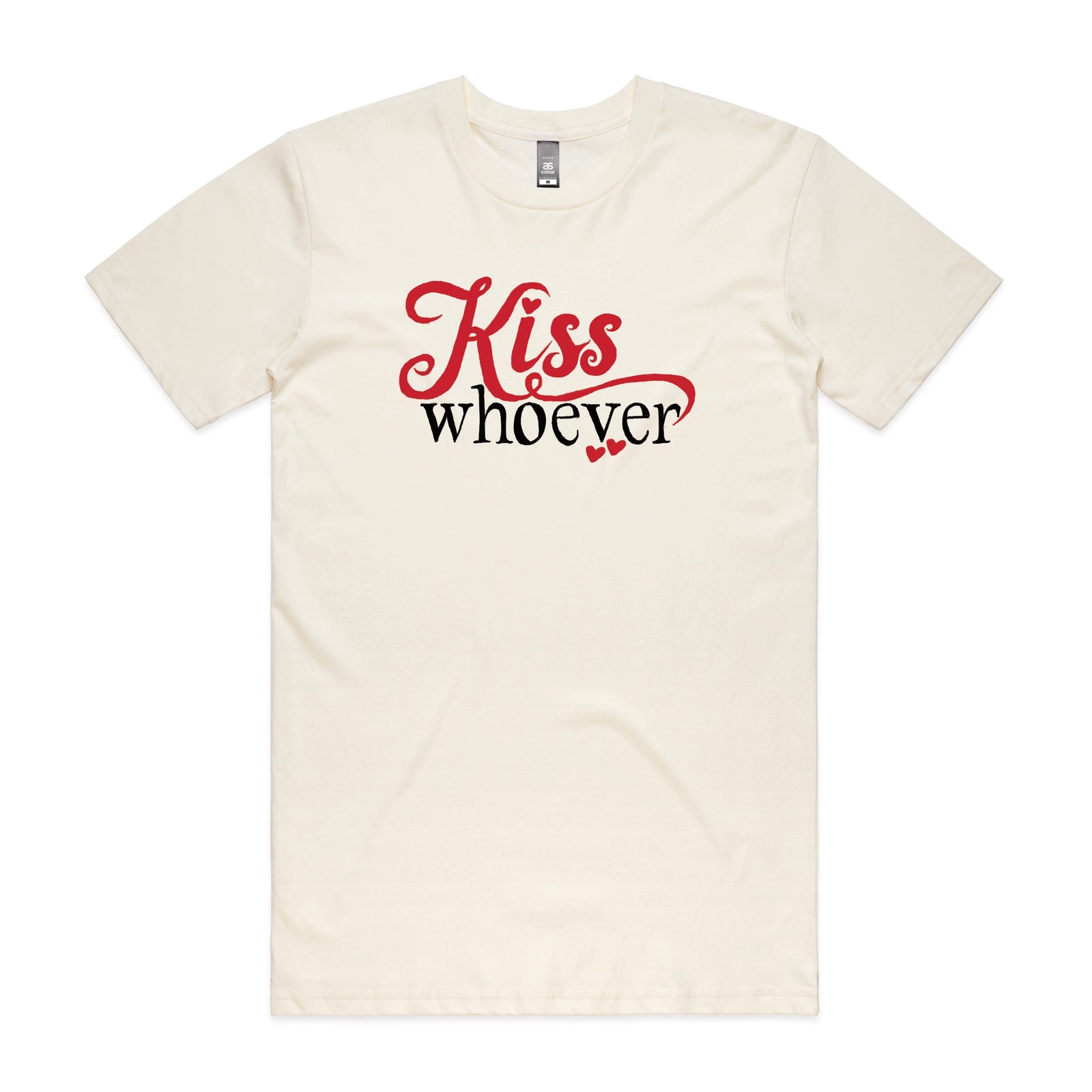 Ecru unisex t-shirt with Kiss Whoever graphic by Lonely Kids Club