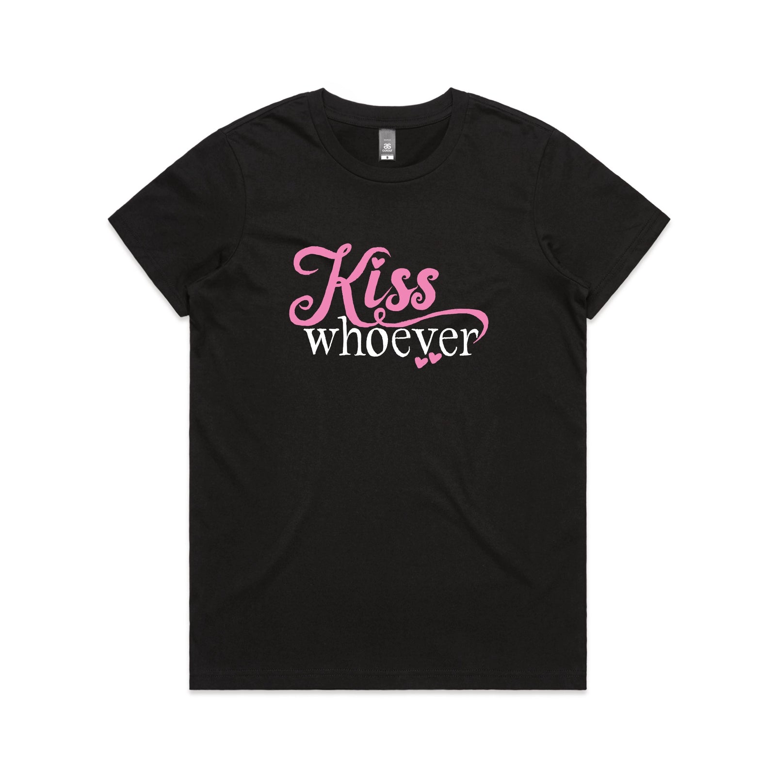 Black fitted womens t-shirt with Kiss Whoever graphic by Lonely Kids Club