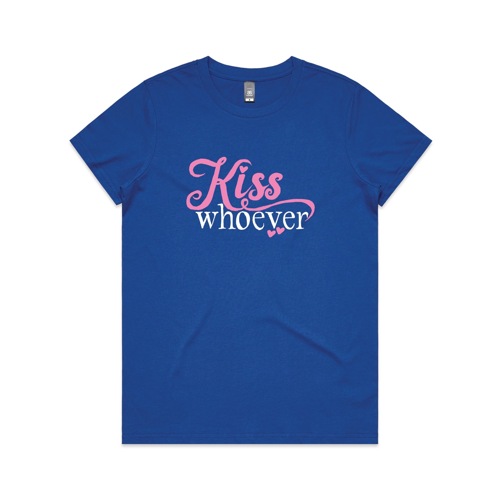 Royal Blue fitted womens t-shirt with Kiss Whoever graphic by Lonely Kids Club