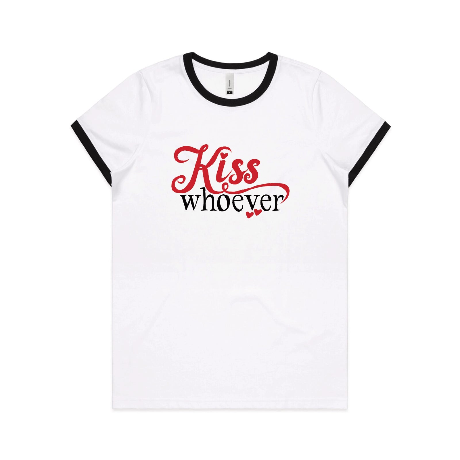 Black/White Ringer fitted womens t-shirt with Kiss Whoever graphic by Lonely Kids Club