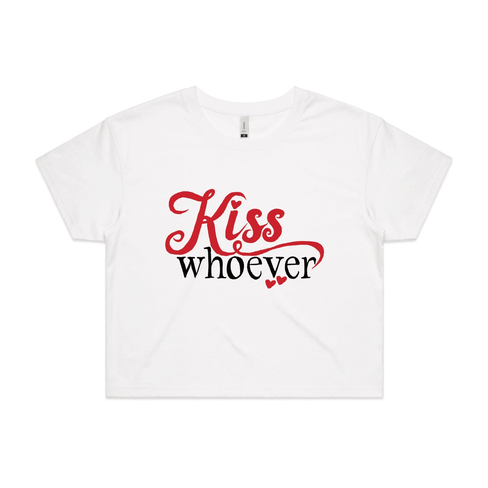 White crop top with Kiss Whoever graphic by Lonely Kids Club