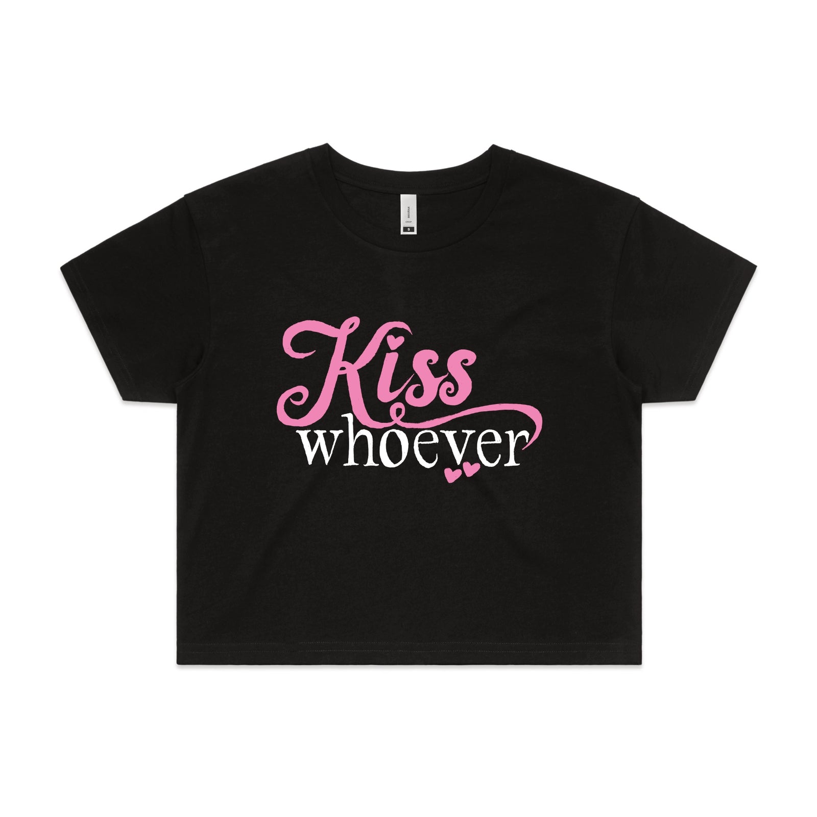 Black crop top with Kiss Whoever graphic by Lonely Kids Club