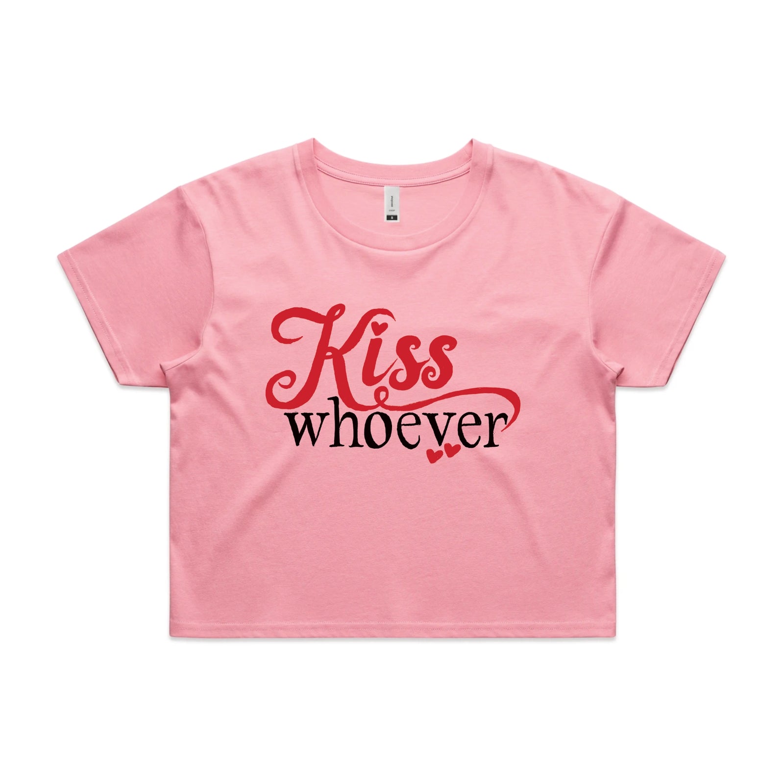 Bubblegum crop top with Kiss Whoever graphic by Lonely Kids Club