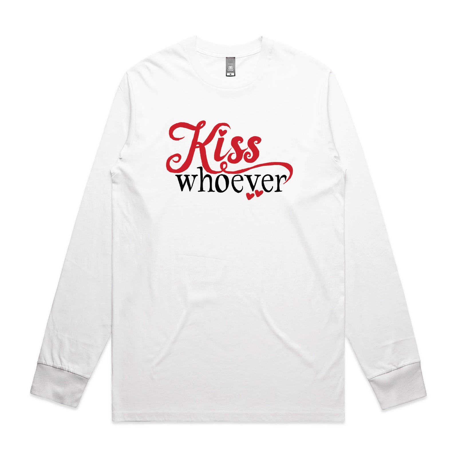 White long sleeve t-shirt with Kiss Whoever graphic by Lonely Kids Club