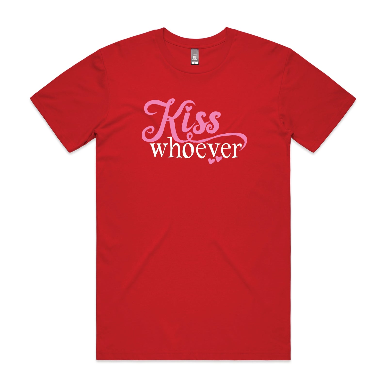 Red unisex t-shirt with Kiss Whoever graphic by Lonely Kids Club