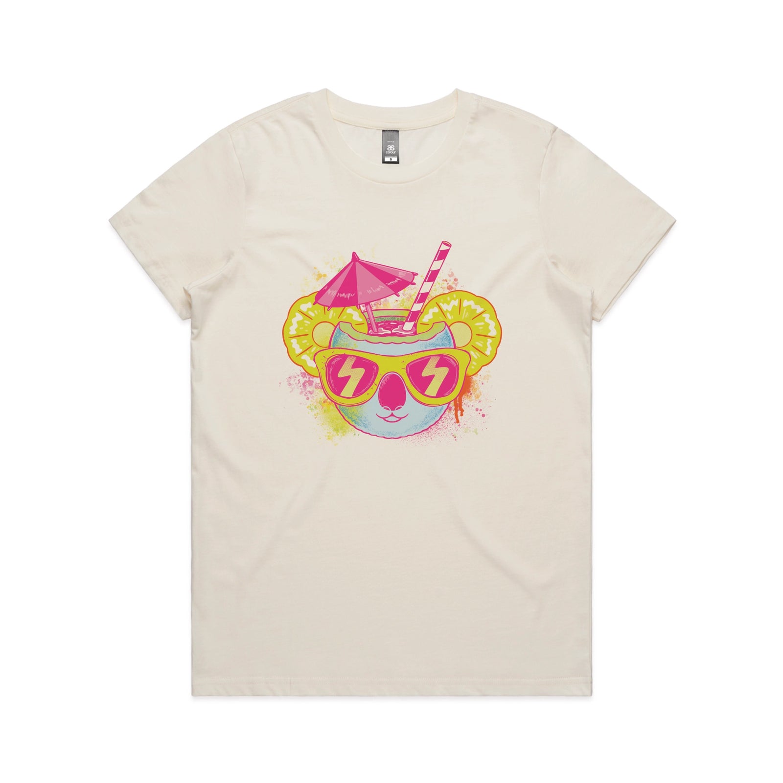 Ecru fitted womens t-shirt with Piña Koala graphic by Lonely Kids Club