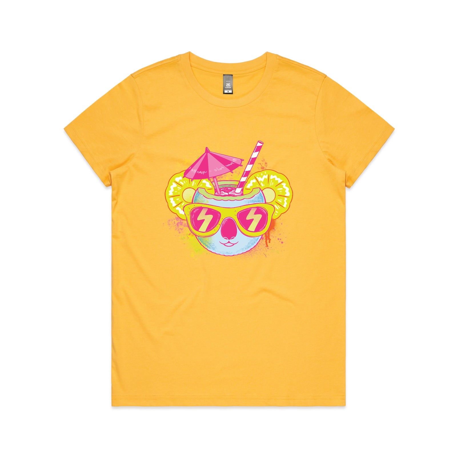 Yellow fitted womens t-shirt with Piña Koala graphic by Lonely Kids Club