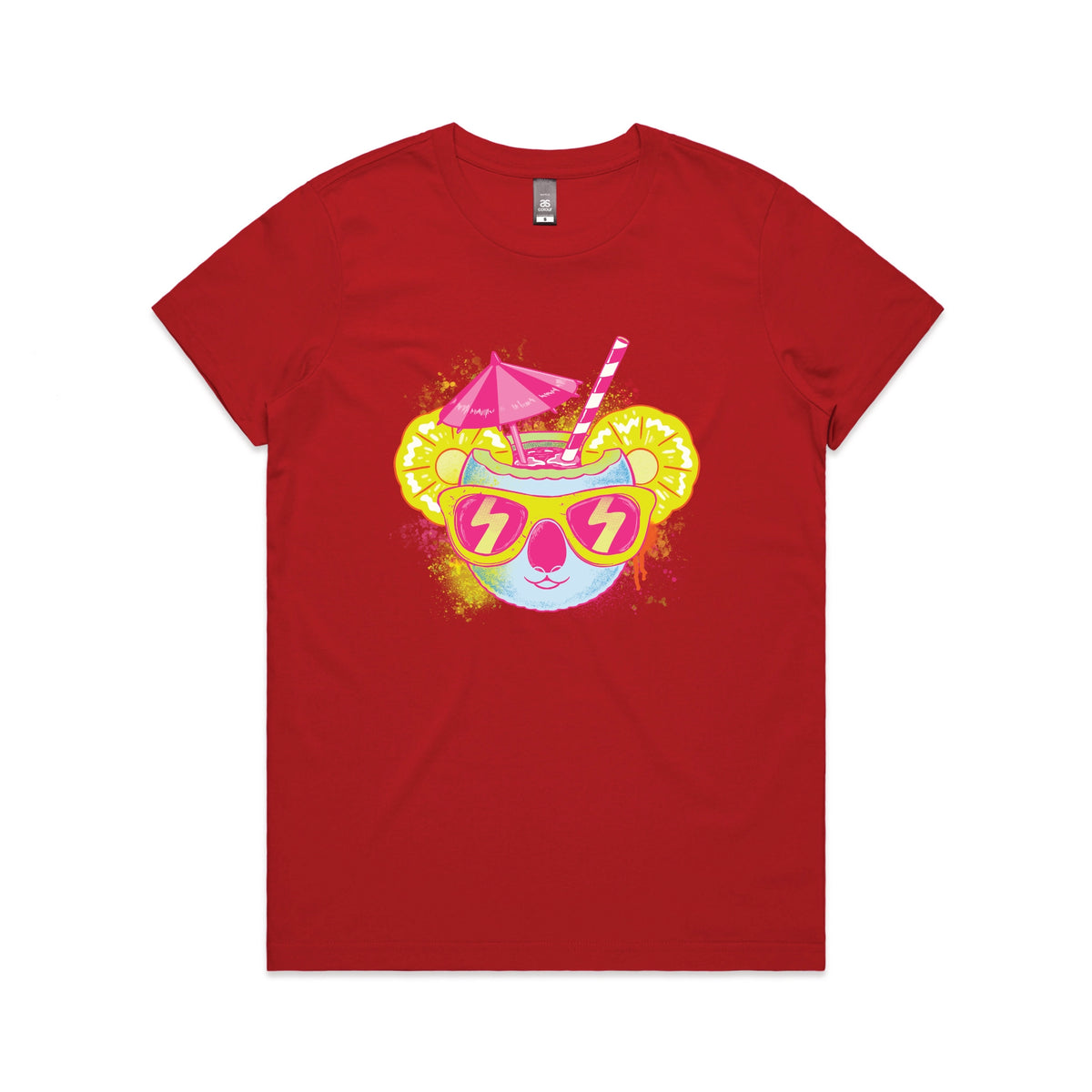 Red fitted womens t-shirt with Piña Koala graphic by Lonely Kids Club