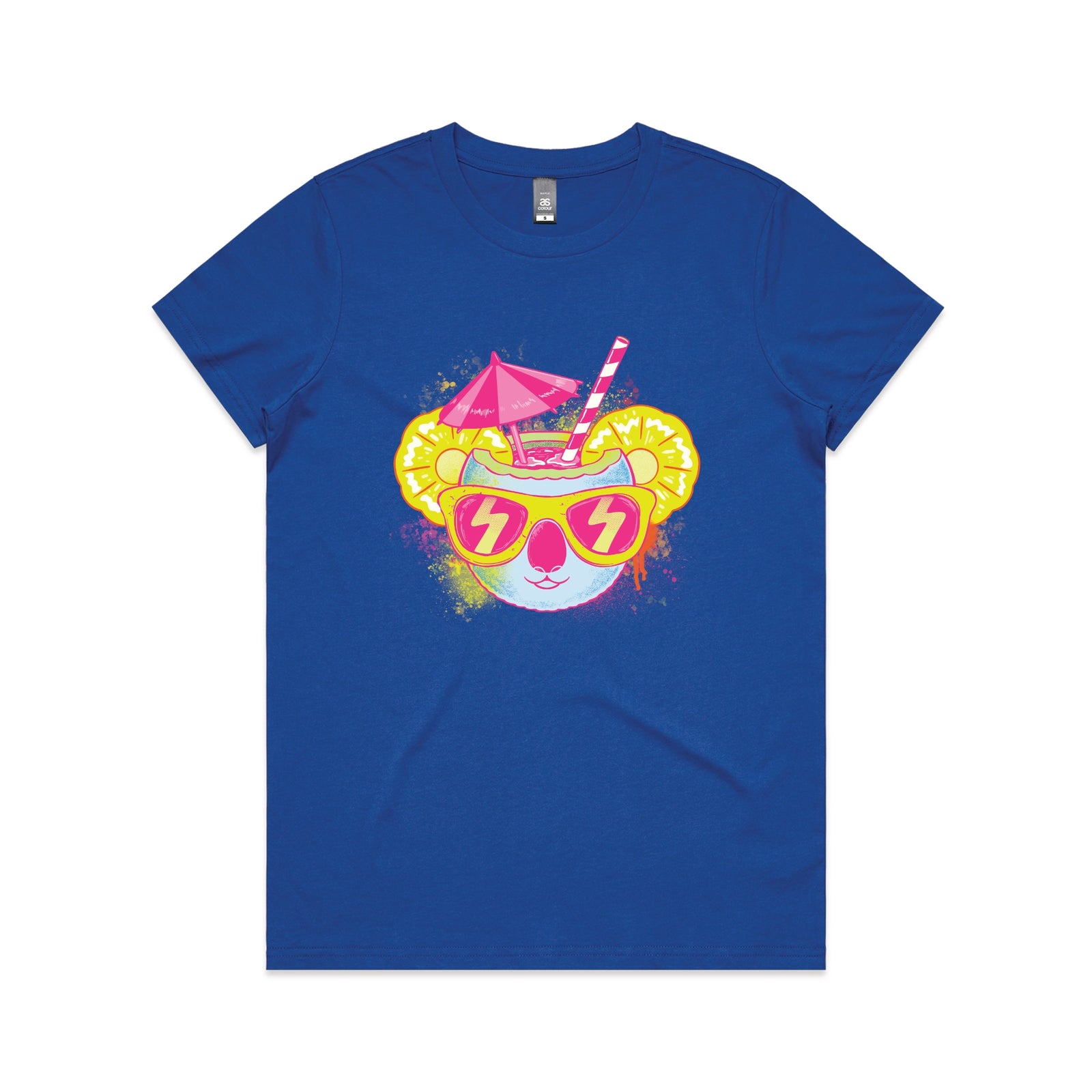 Royal Blue fitted womens t-shirt with Piña Koala graphic by Lonely Kids Club
