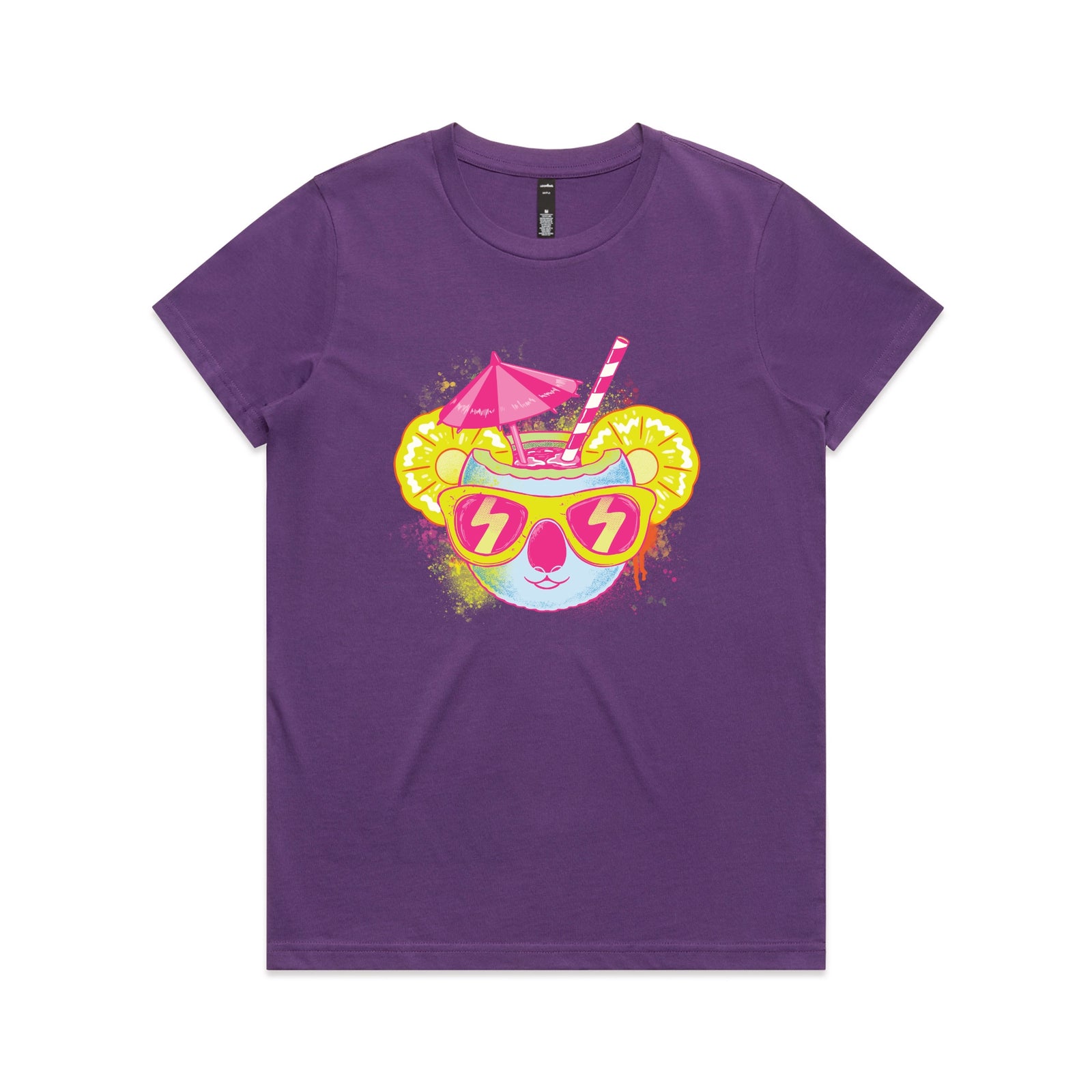 Purple fitted womens t-shirt with Piña Koala graphic by Lonely Kids Club