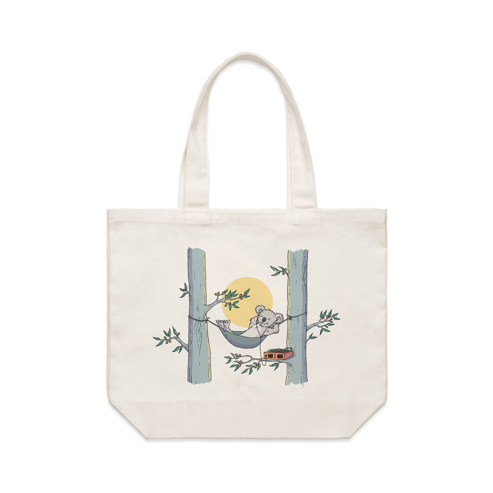 Cream shoulder tote with Koala Hammock Tote graphic by Lonely Kids Club