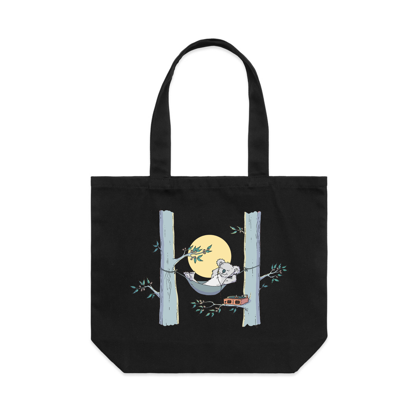 Black shoulder tote with Koala Hammock Tote graphic by Lonely Kids Club