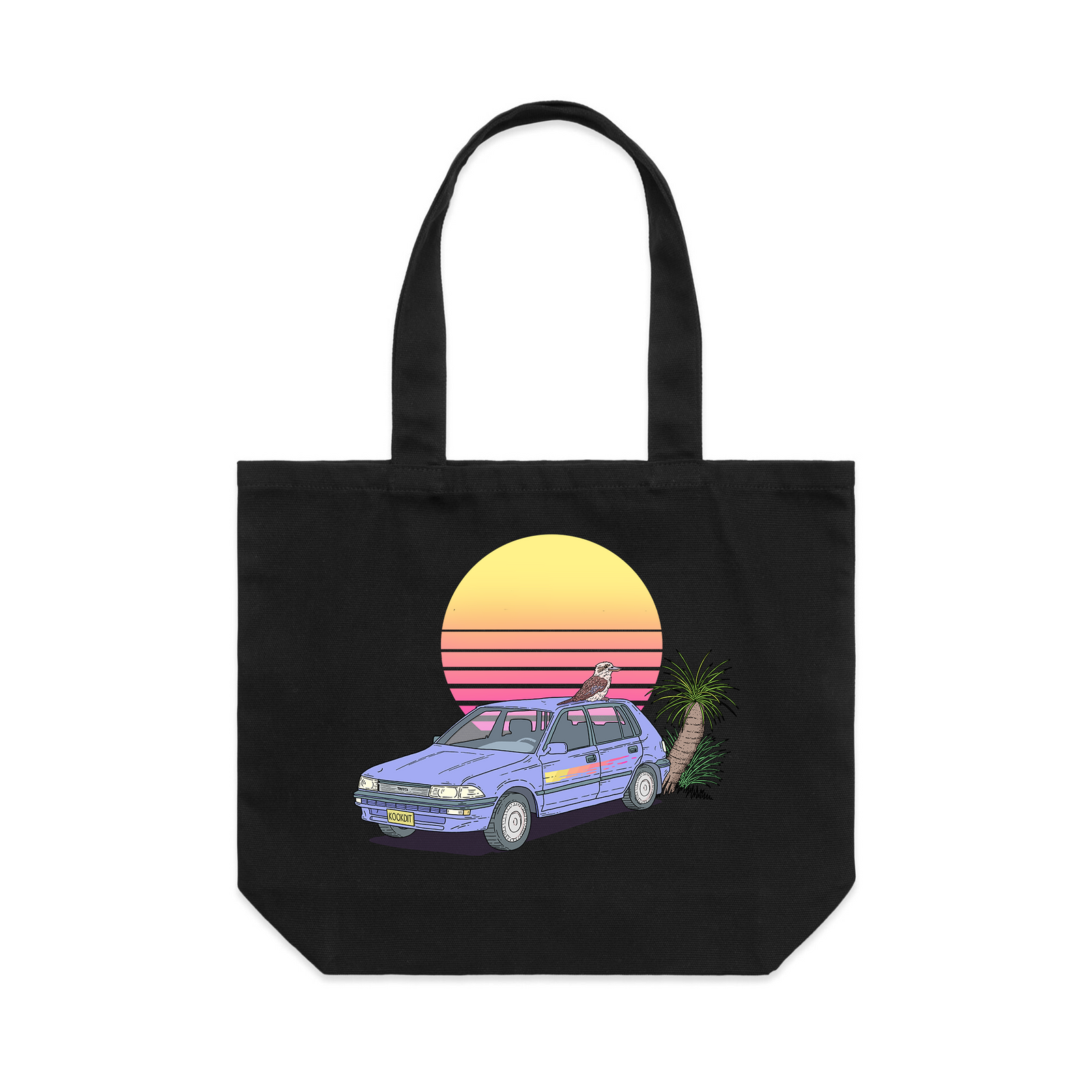 Black shoulder tote with Kookaburra Corolla Tote graphic by Lonely Kids Club