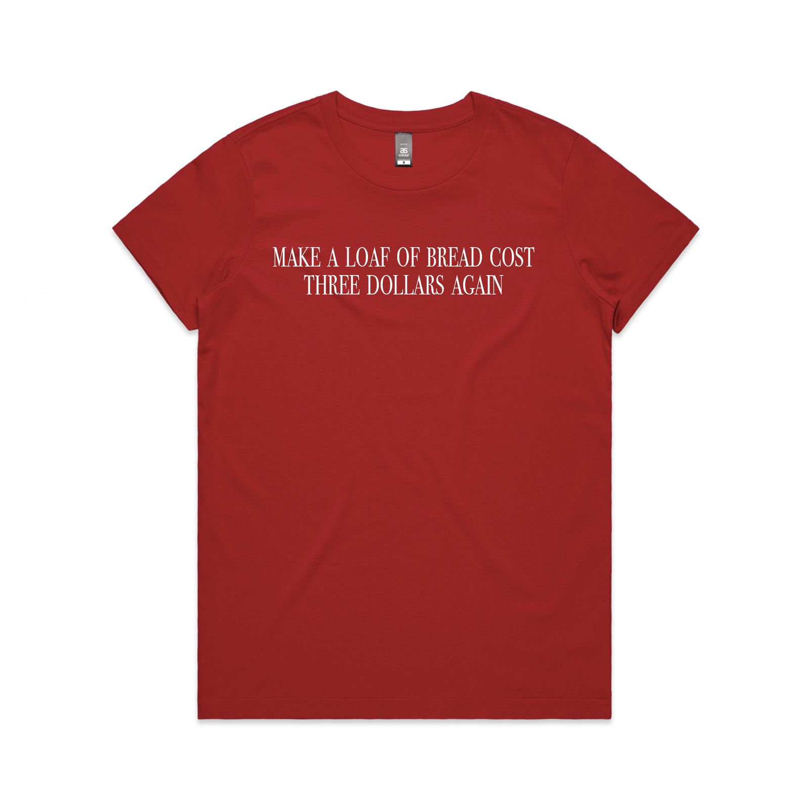 Red fitted womens t-shirt with Loaf of Bread graphic by Lonely Kids Club