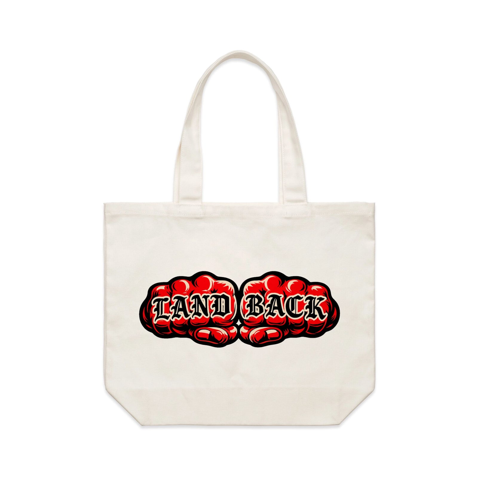 Cream shoulder tote with Land Back Tote graphic by Lonely Kids Club