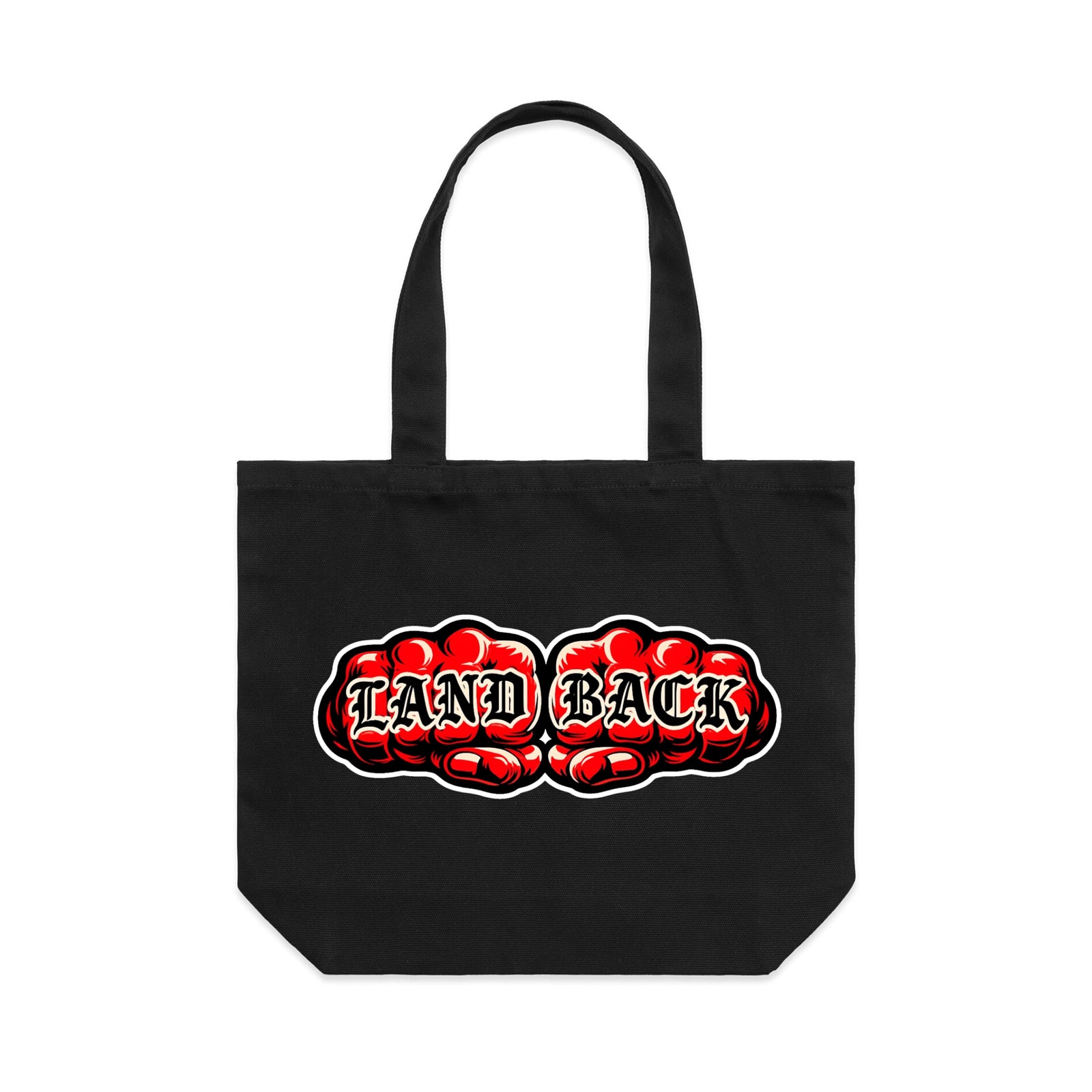 Black shoulder tote with Land Back Tote graphic by Lonely Kids Club