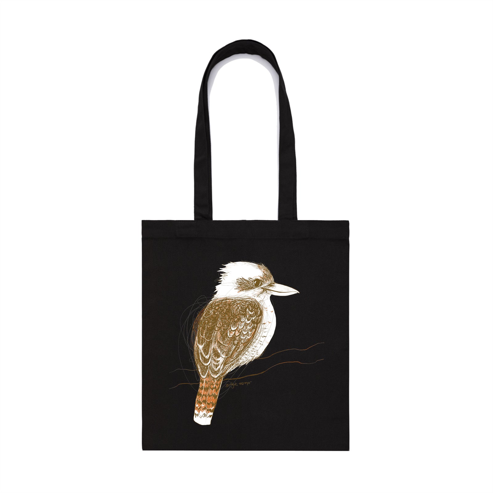 Black parcel tote with Laughing Kookaburra Tote graphic by Lonely Kids Club