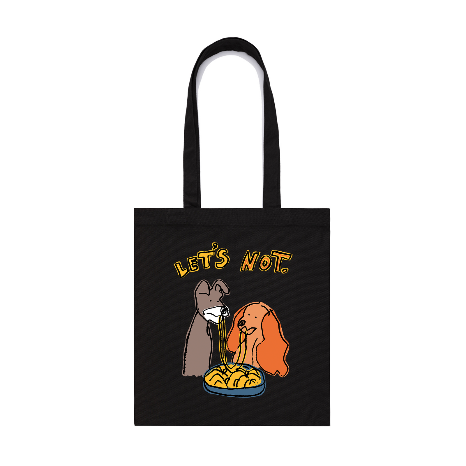 Black parcel tote with Let's Not Tote graphic by Lonely Kids Club