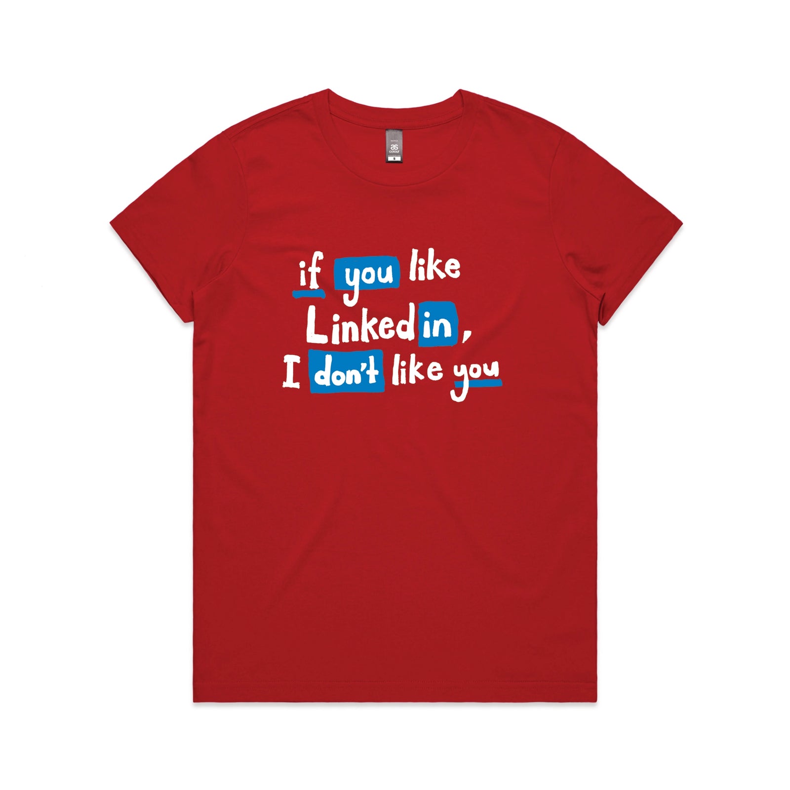 Red fitted womens t-shirt with LinkedIn graphic by Lonely Kids Club