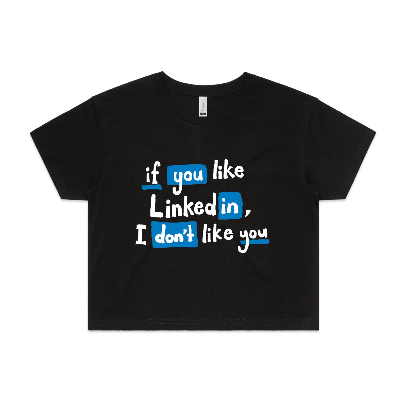 Black crop top with LinkedIn graphic by Lonely Kids Club