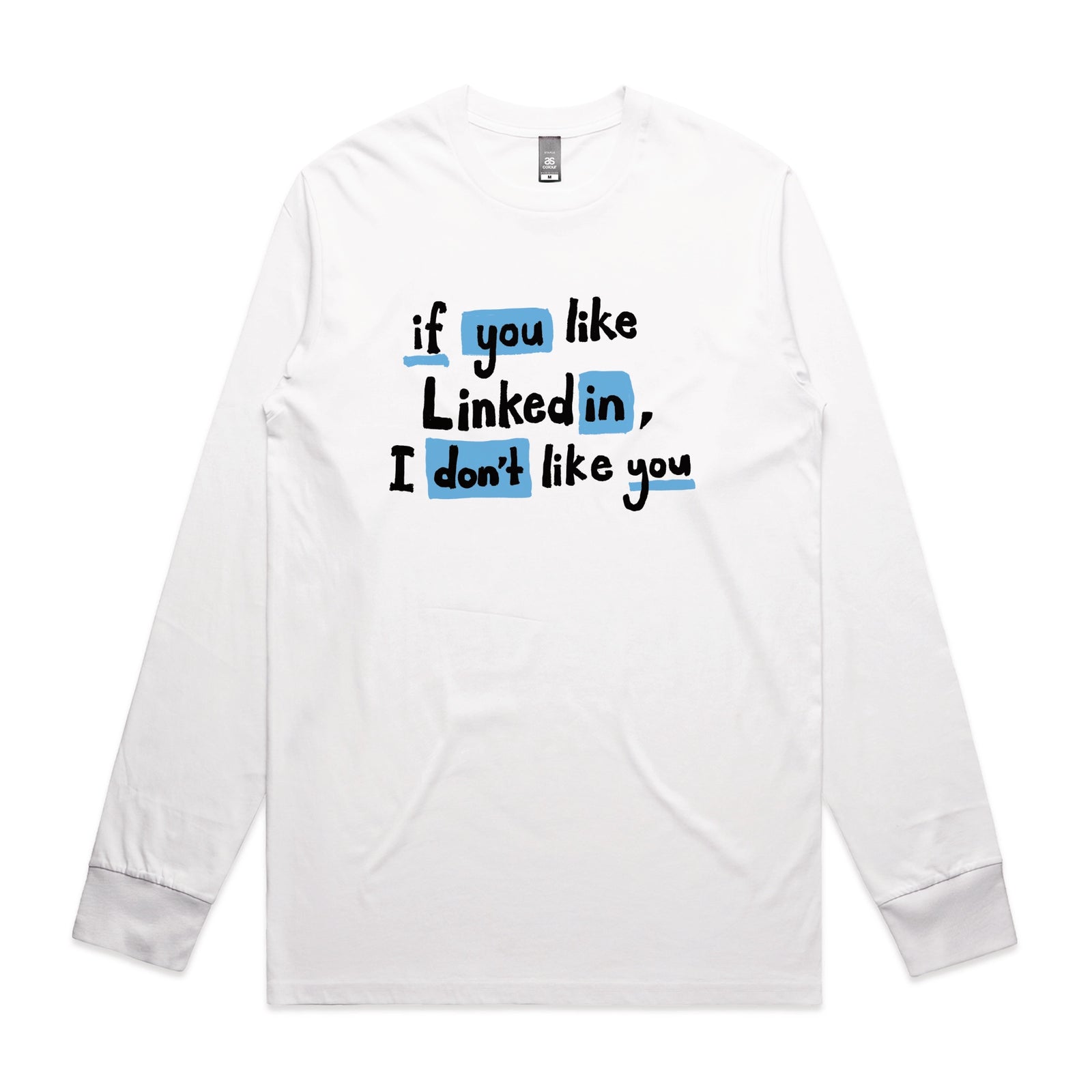 White long sleeve t-shirt with LinkedIn graphic by Lonely Kids Club