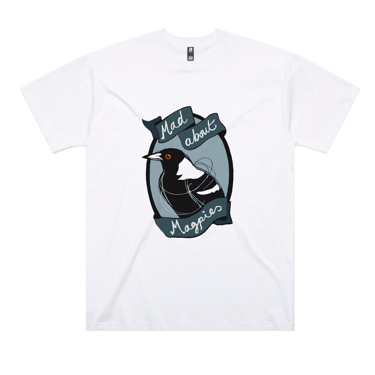 White oversized t-shirt with Mad About Magpies graphic by Lonely Kids Club