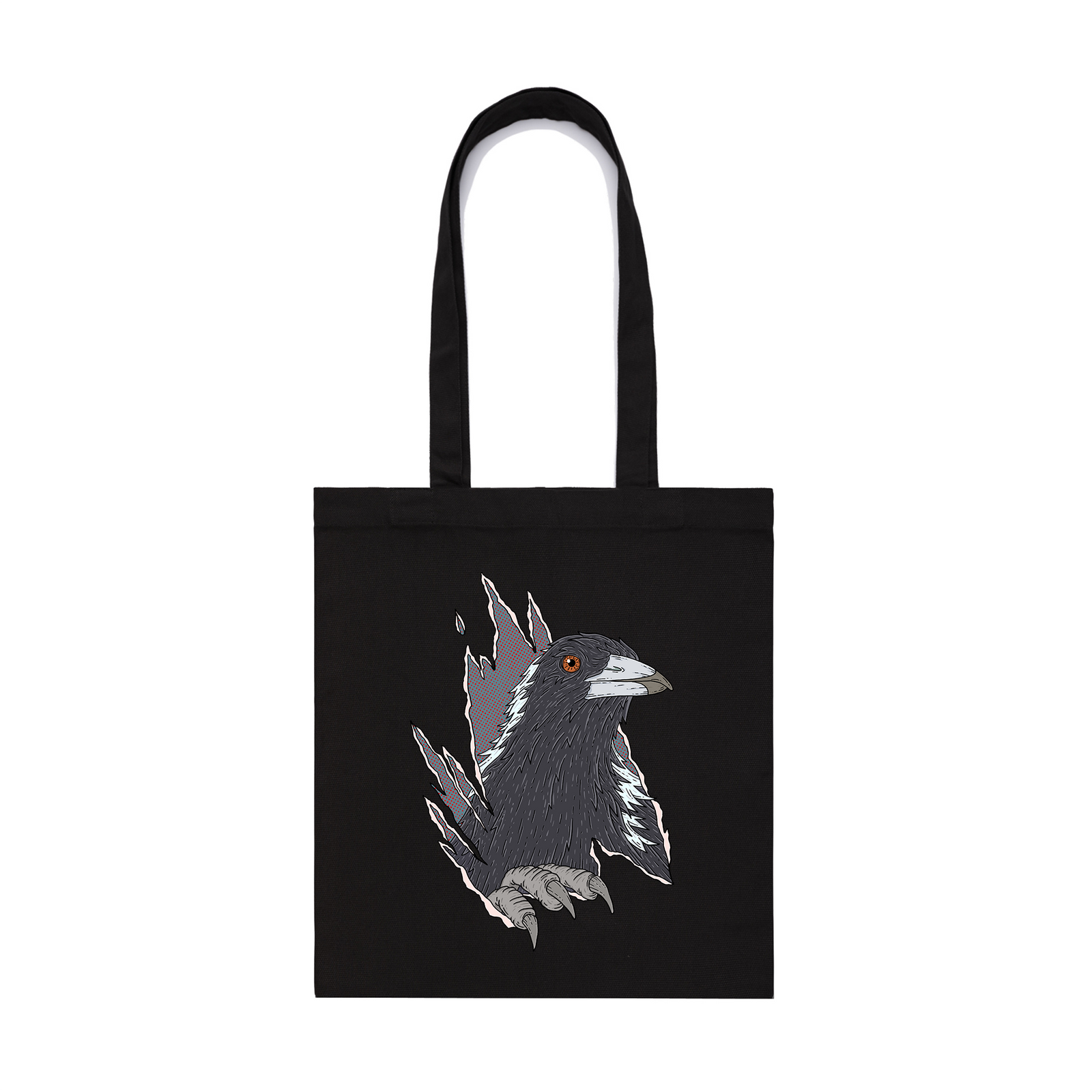 Black parcel tote with Magpie Attack Tote graphic by Lonely Kids Club