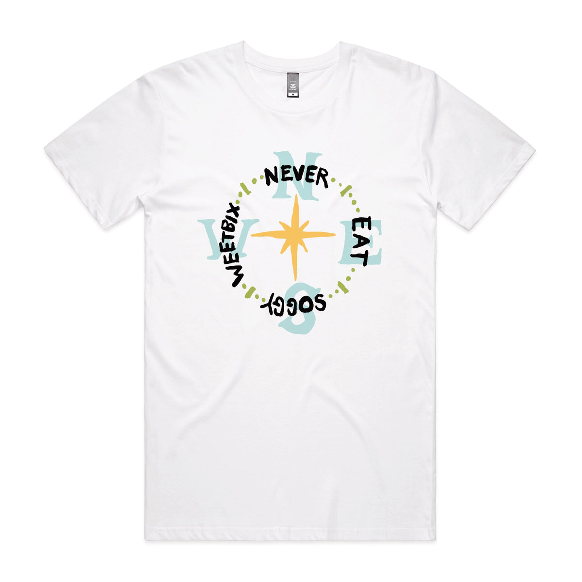 White unisex t-shirt with Never Eat Soggy Weetbix graphic by Lonely Kids Club