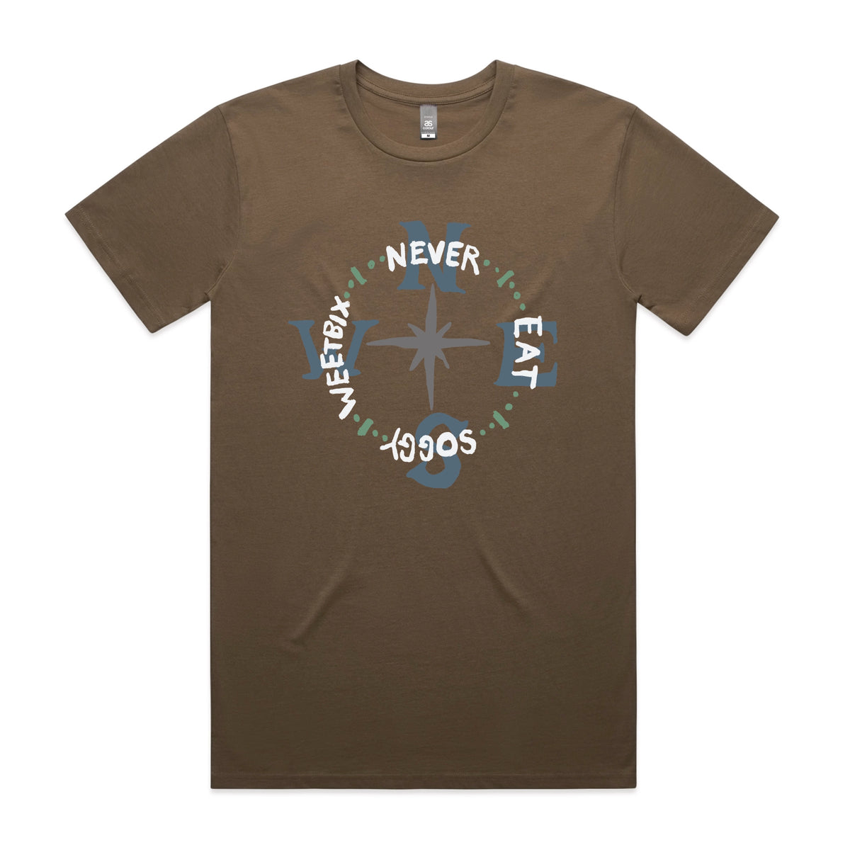 Walnut unisex t-shirt with Never Eat Soggy Weetbix graphic by Lonely Kids Club