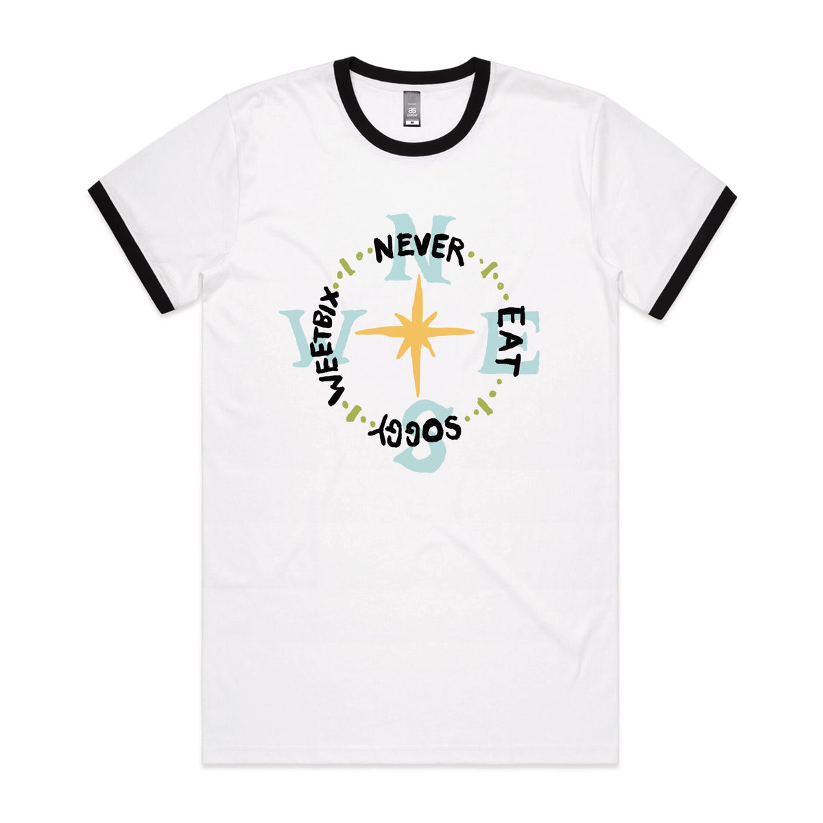 Black/White Ringer unisex t-shirt with Never Eat Soggy Weetbix graphic by Lonely Kids Club