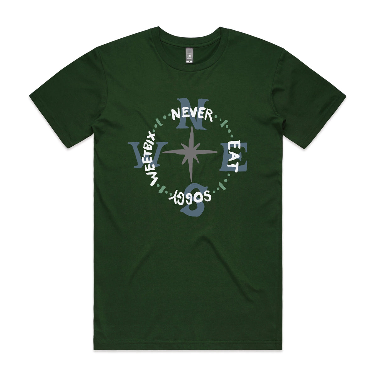 Forest Green unisex t-shirt with Never Eat Soggy Weetbix graphic by Lonely Kids Club