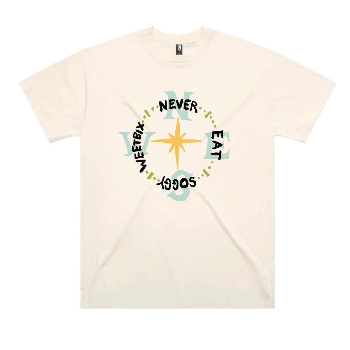 Ecru oversized t-shirt with Never Eat Soggy Weetbix graphic by Lonely Kids Club