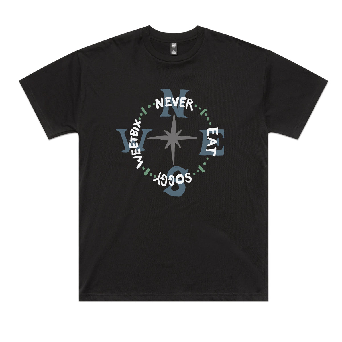 Black oversized t-shirt with Never Eat Soggy Weetbix graphic by Lonely Kids Club