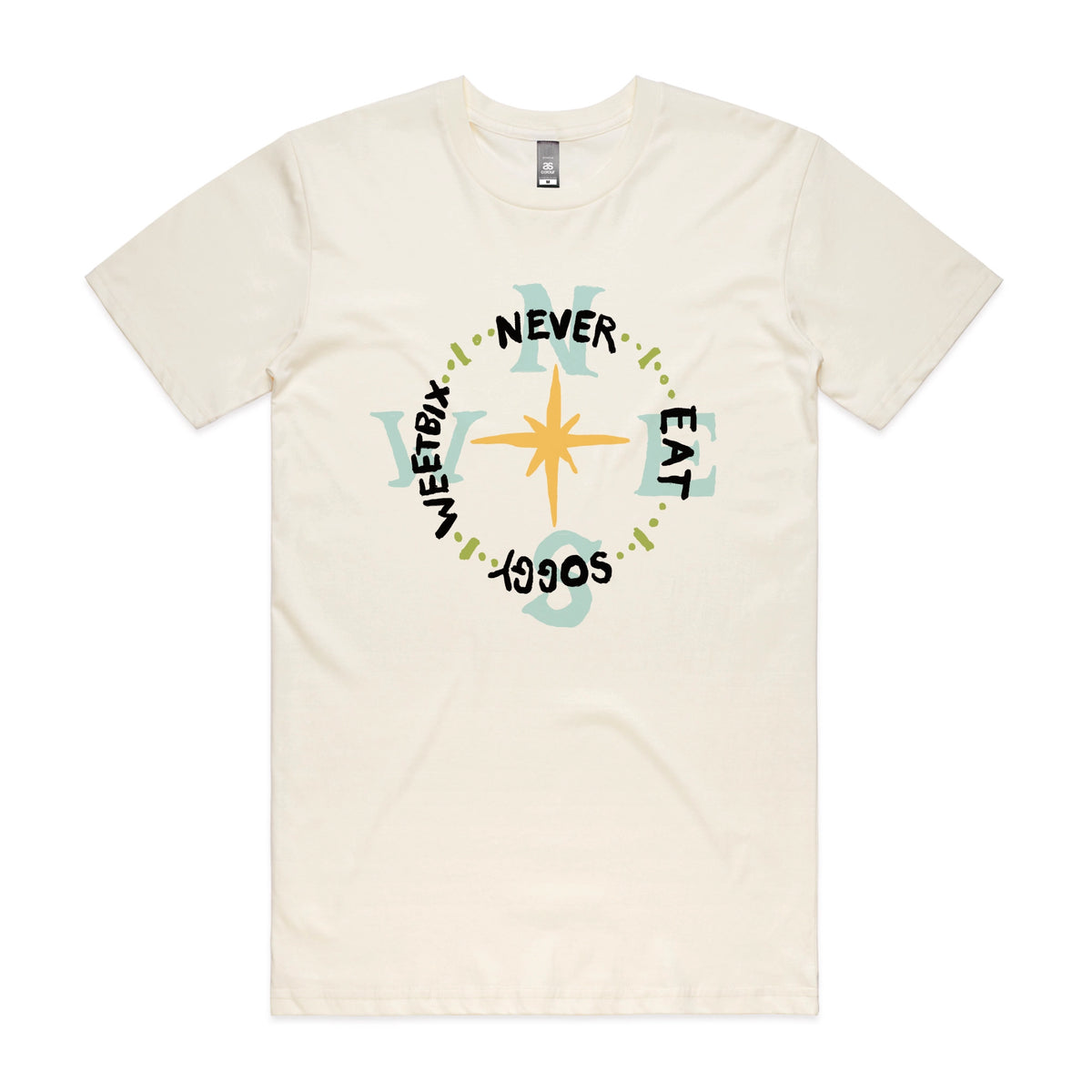 Ecru unisex t-shirt with Never Eat Soggy Weetbix graphic by Lonely Kids Club