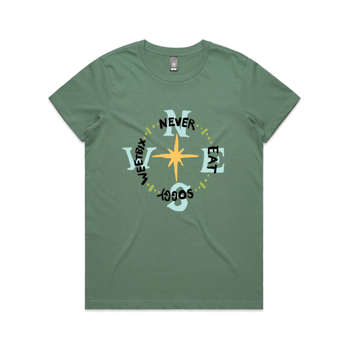 Sage fitted womens t-shirt with Never Eat Soggy Weetbix graphic by Lonely Kids Club