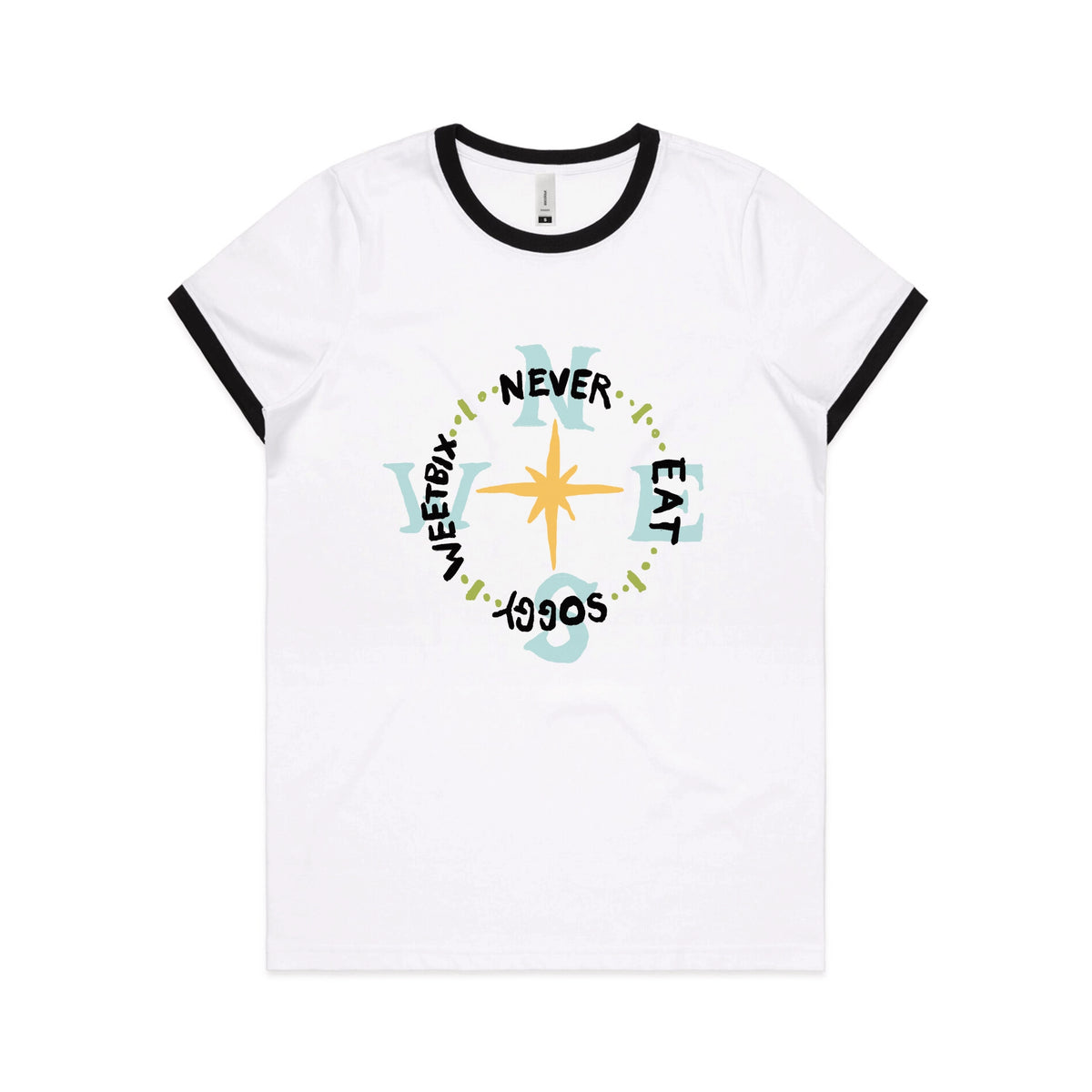Black/White Ringer fitted womens t-shirt with Never Eat Soggy Weetbix graphic by Lonely Kids Club