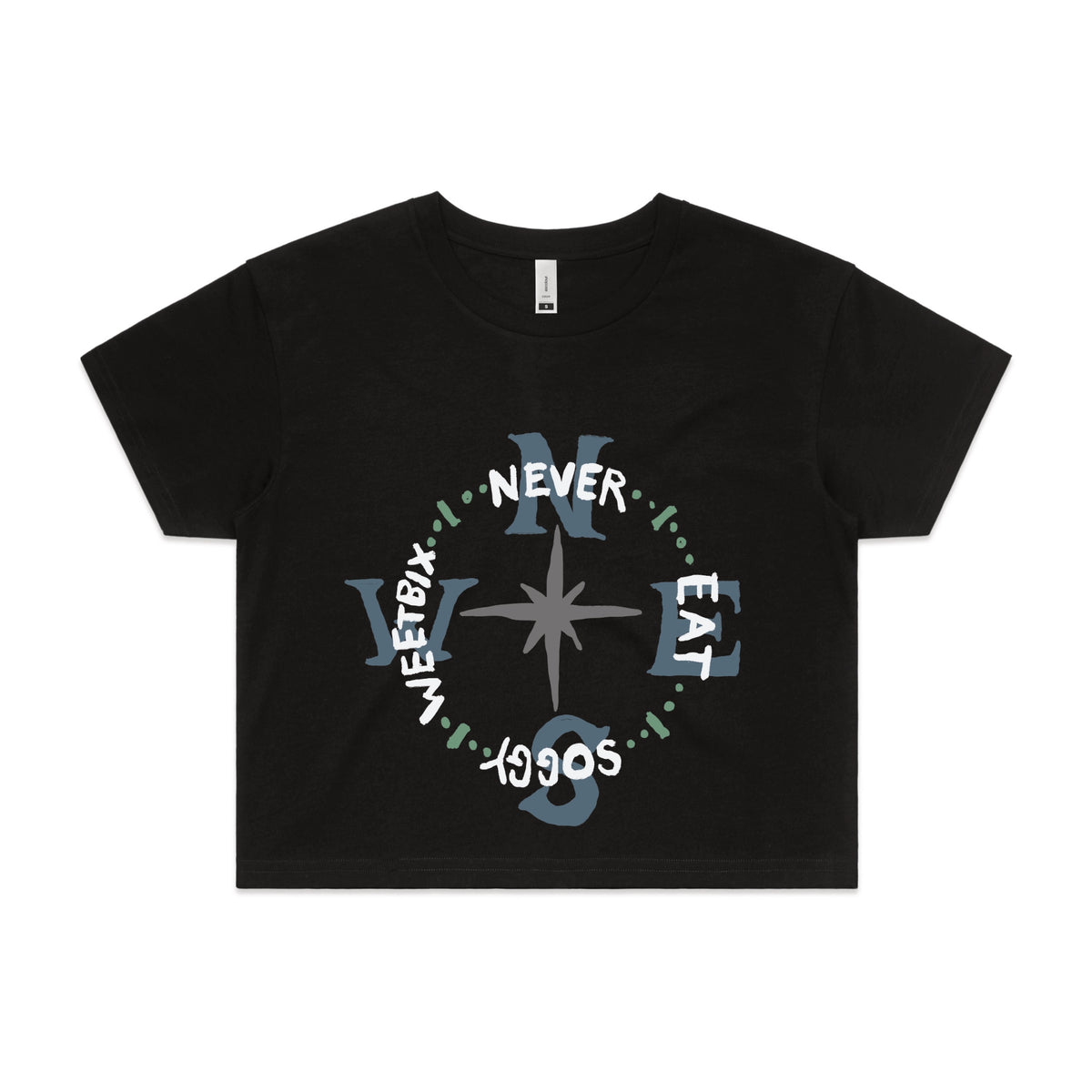 Black crop top with Never Eat Soggy Weetbix graphic by Lonely Kids Club