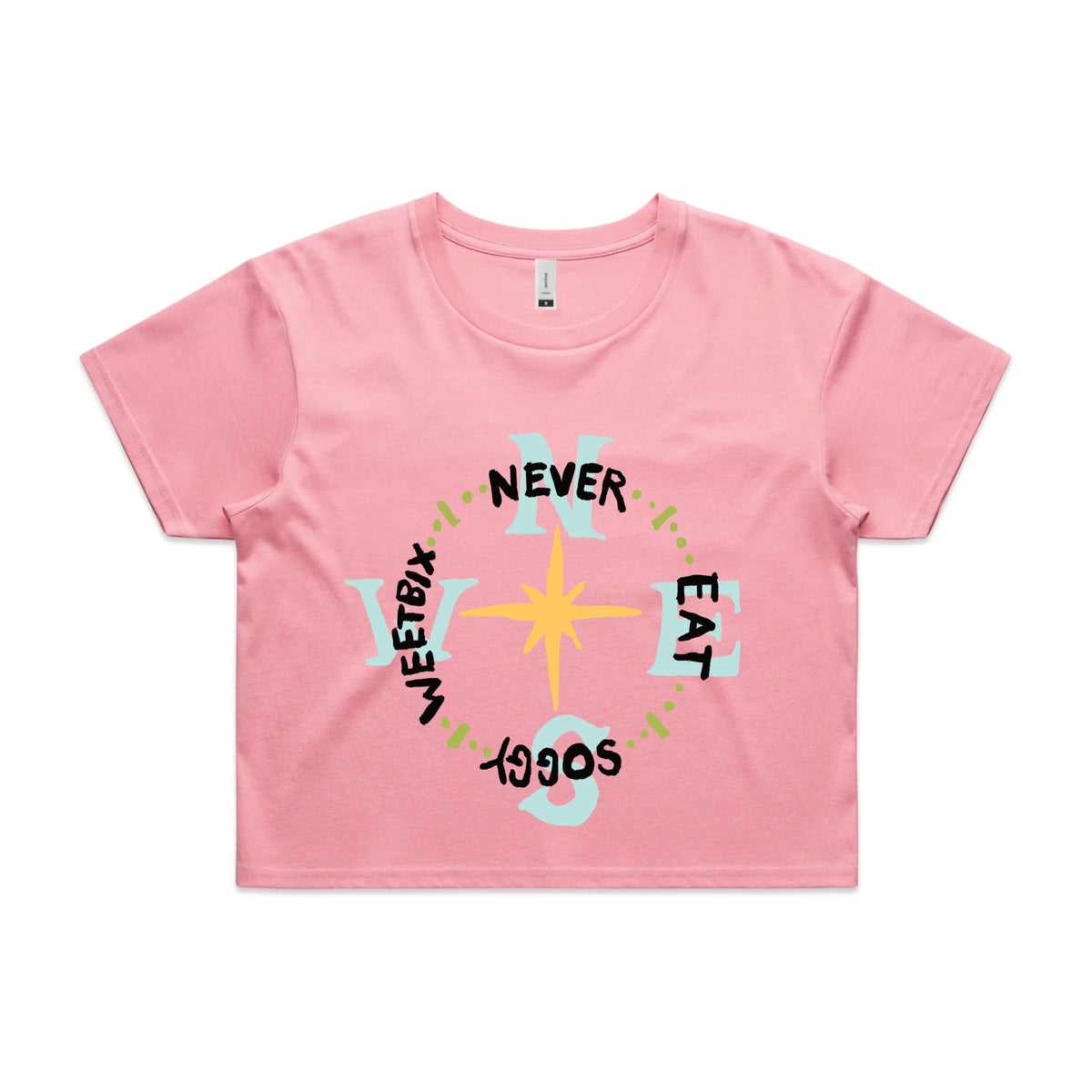 Bubblegum crop top with Never Eat Soggy Weetbix graphic by Lonely Kids Club