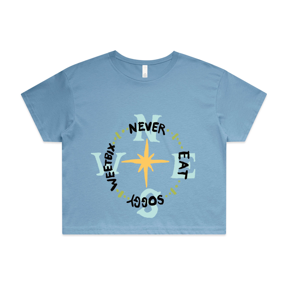 Carolina Blue crop top with Never Eat Soggy Weetbix graphic by Lonely Kids Club