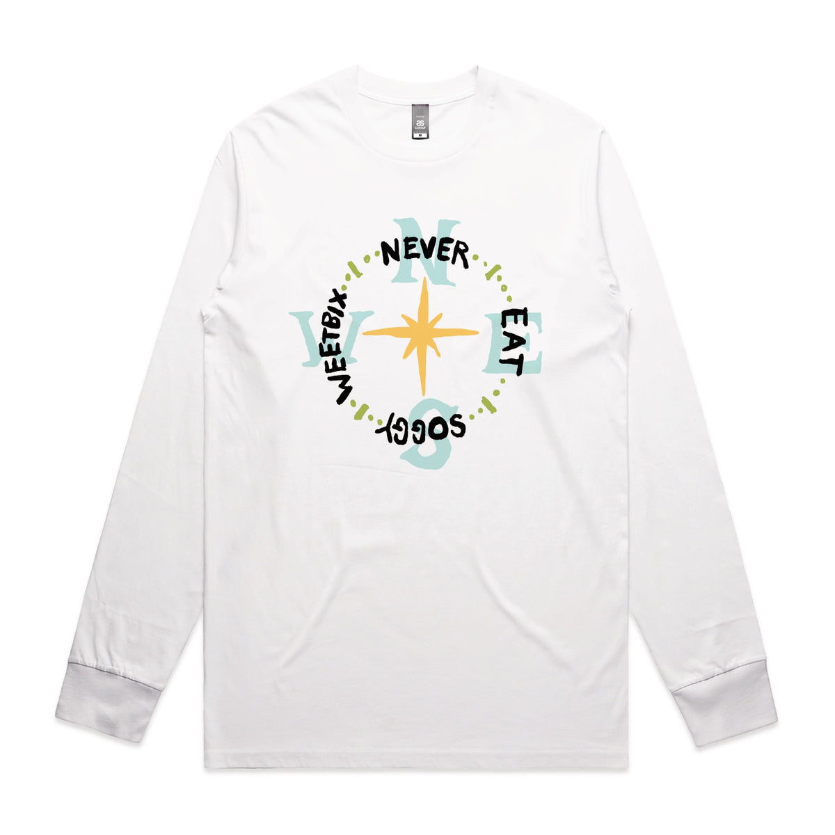 White long sleeve t-shirt with Never Eat Soggy Weetbix graphic by Lonely Kids Club
