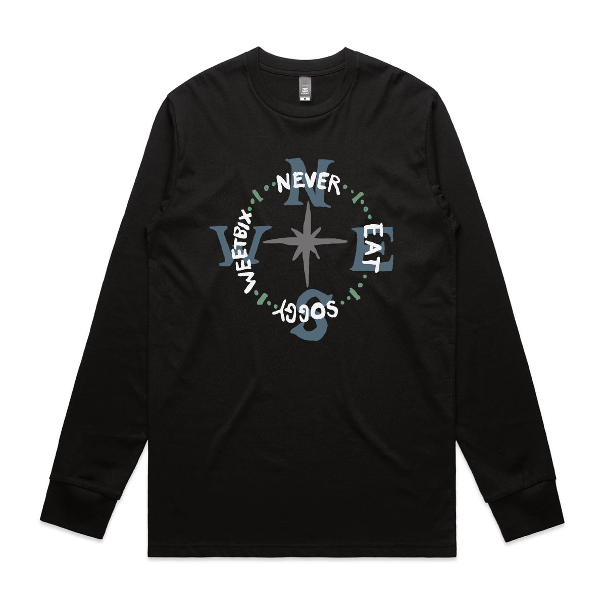 Black long sleeve t-shirt with Never Eat Soggy Weetbix graphic by Lonely Kids Club