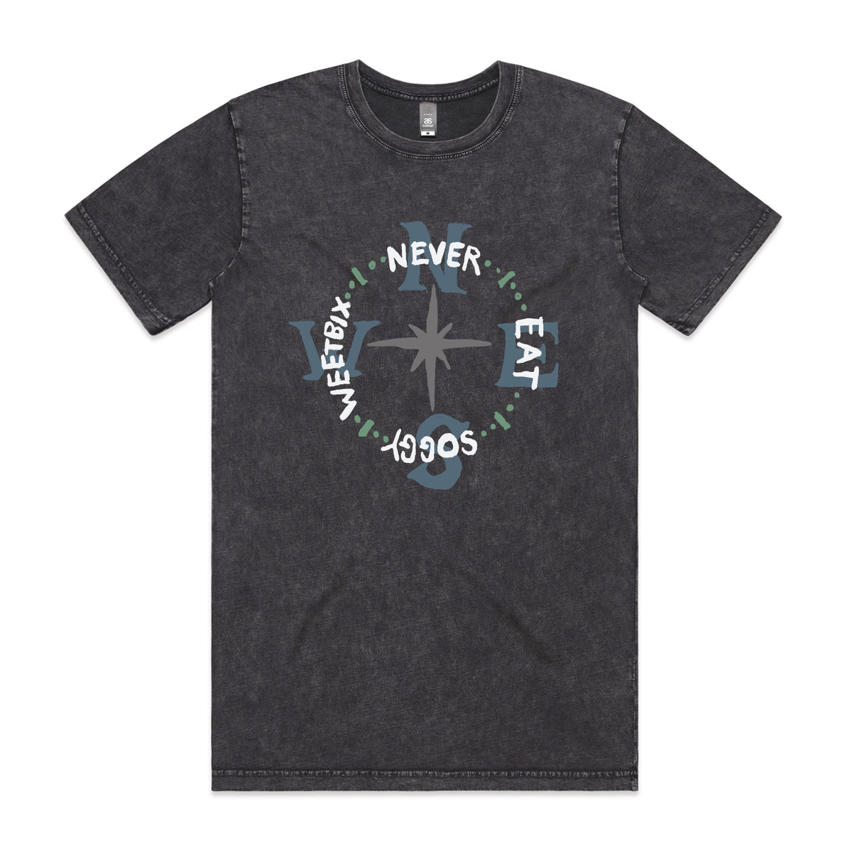 Acid Wash unisex t-shirt with Never Eat Soggy Weetbix graphic by Lonely Kids Club