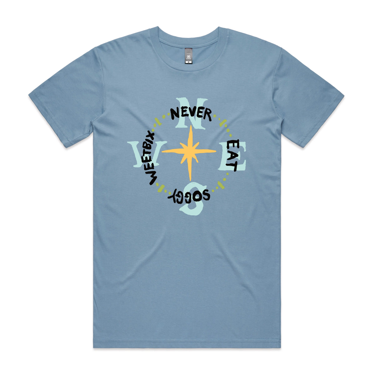 Carolina Blue unisex t-shirt with Never Eat Soggy Weetbix graphic by Lonely Kids Club