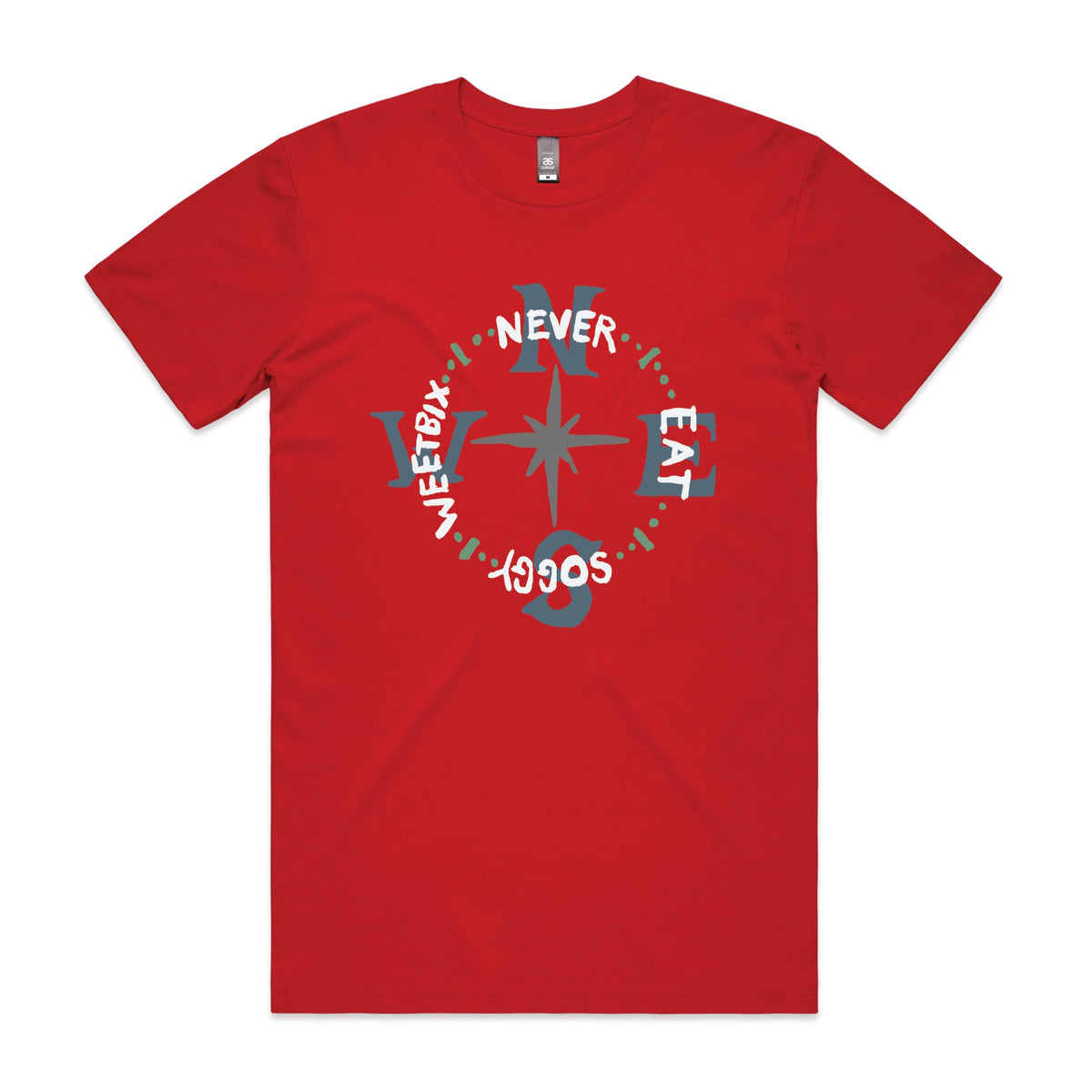 Red unisex t-shirt with Never Eat Soggy Weetbix graphic by Lonely Kids Club