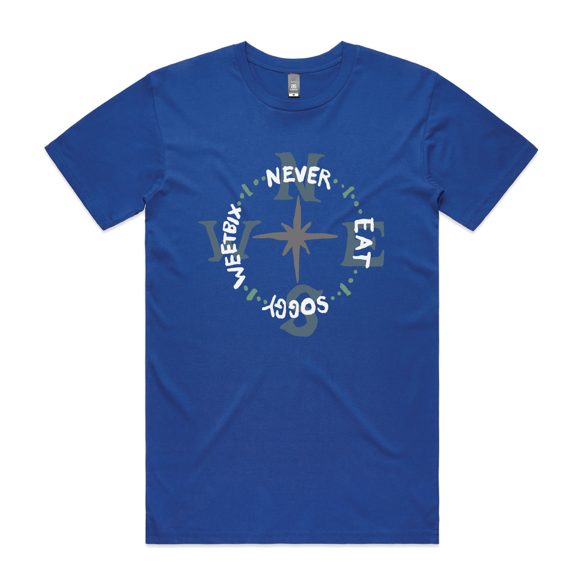 Royal Blue unisex t-shirt with Never Eat Soggy Weetbix graphic by Lonely Kids Club
