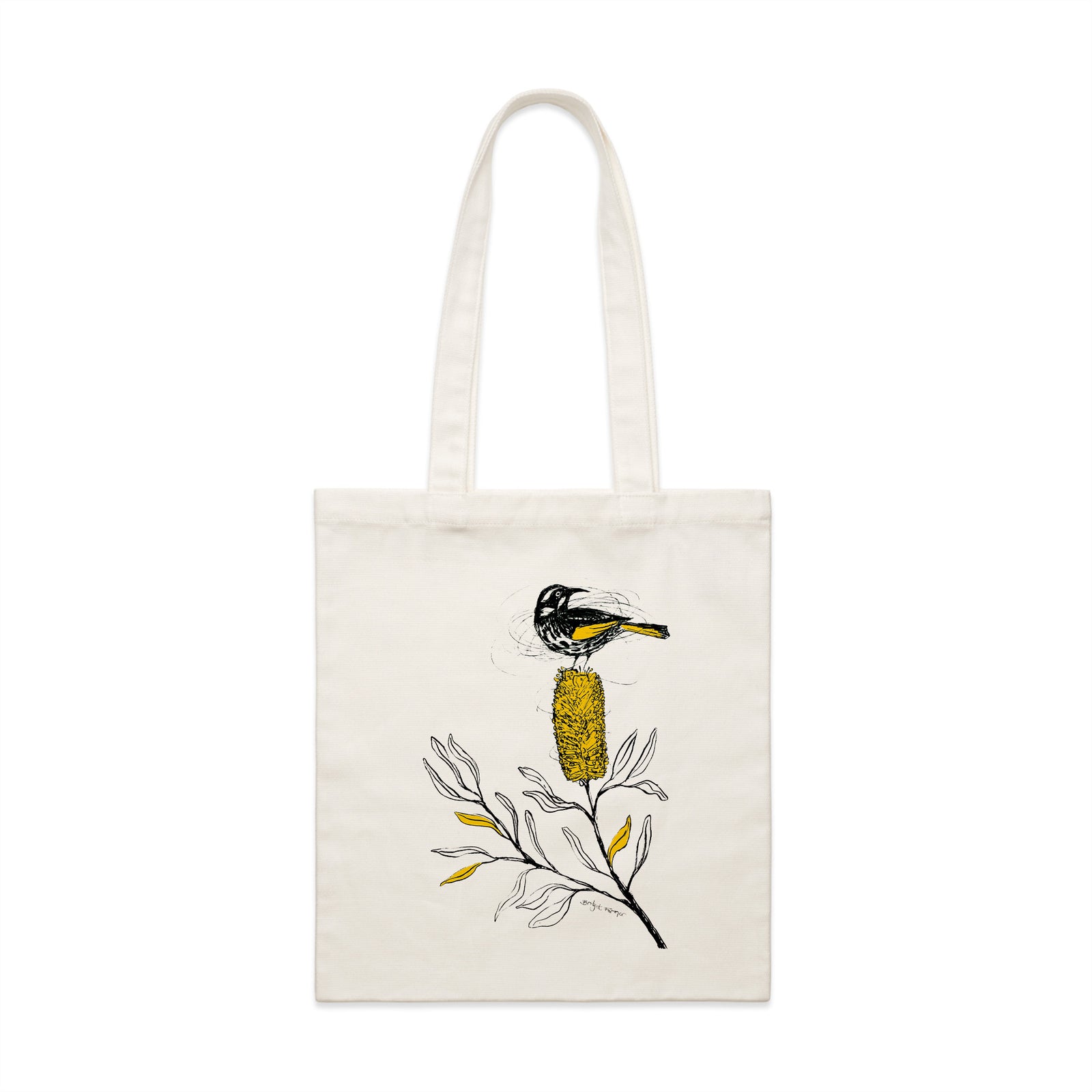 Cream parcel tote with New Holland Honeyeater Tote graphic by Lonely Kids Club