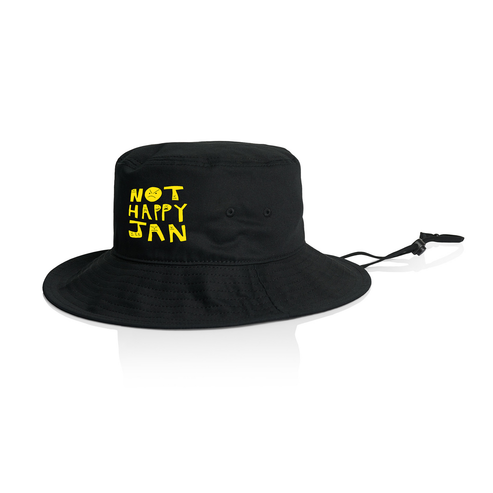 Black hat with Not Happy Jan Sun Hat graphic by Lonely Kids Club