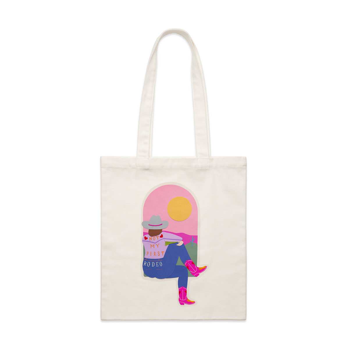 Cream parcel tote with Not My First Rodeo Tote graphic by Lonely Kids Club